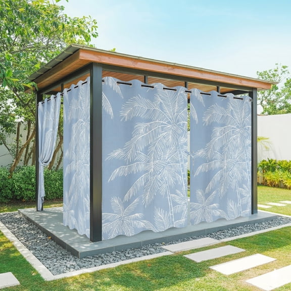 Summer Beach Outdoor Curtains for Patio, Graffiti White Palm Trees Abstract Plant Blue Coastal Waterproof Weatherproof Outside Privacy Curtains Outdoor Drapes for Porch Pergola 54x84 Inch, 1 Panel