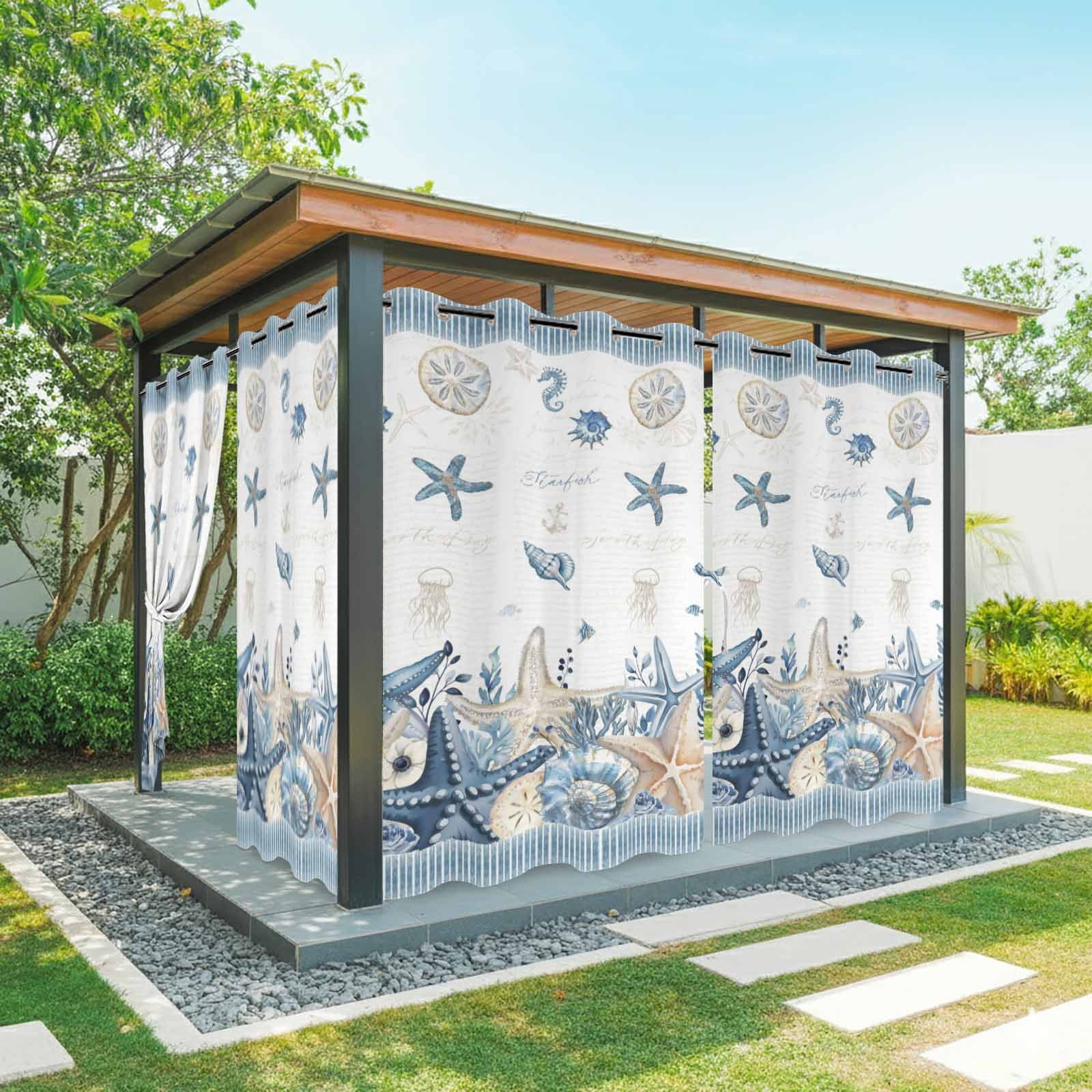 Summer Beach Outdoor Curtains for Patio, Nautical Sea Starfish Seashell Coral Seahorse Blue Stripe Sunshade Privacy Drapes Grommet Waterproof Outside Curtains for Porch Balcony 54"x108", 1 Panel