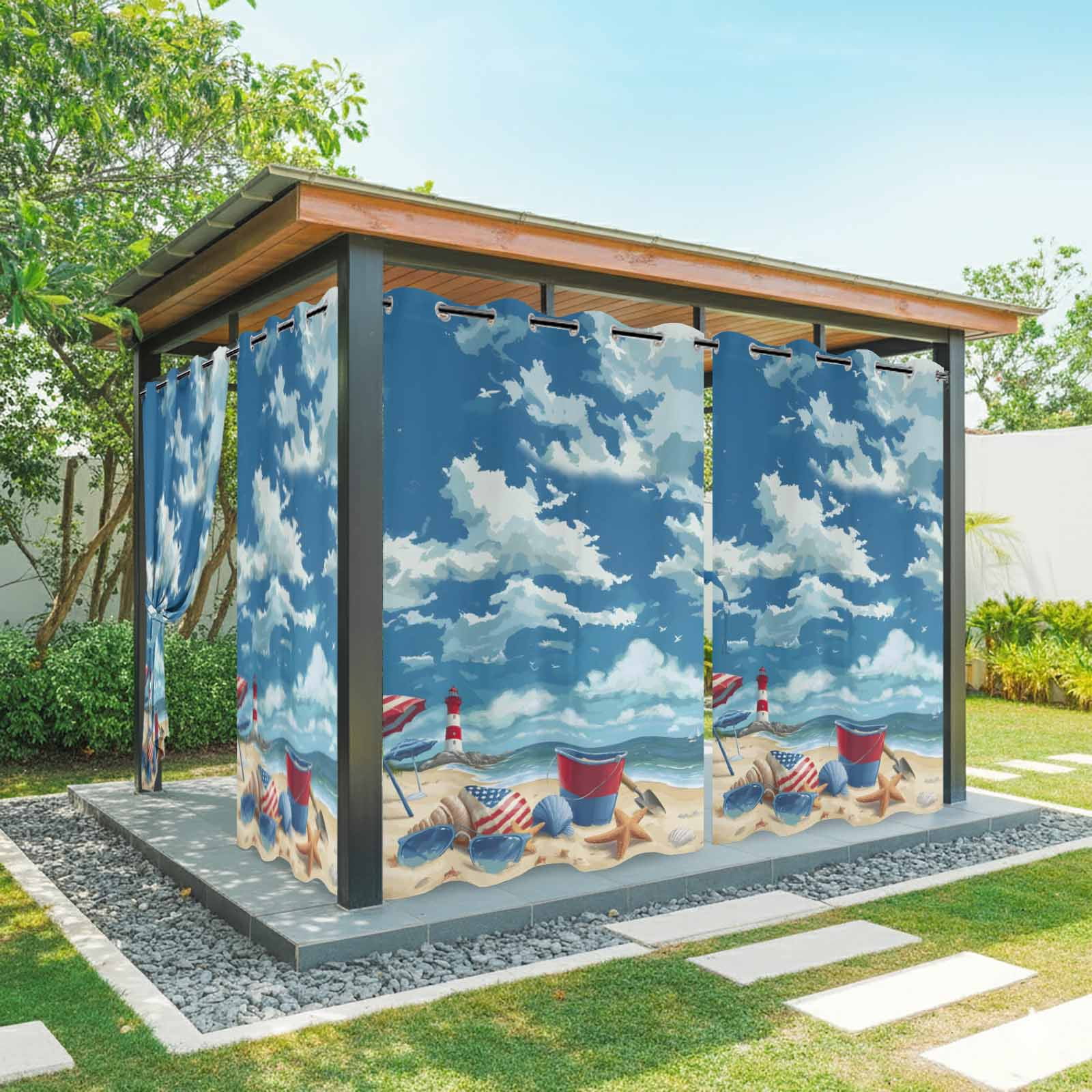 Summer Beach Outdoor Curtains for Patio, Ocean Blue Sky Shell Umbrella Sea Star Sunshade Privacy Drapes Grommet Waterproof Outside Curtains for Porch/Cabana/Balcony 54"x 108", 1 Panel