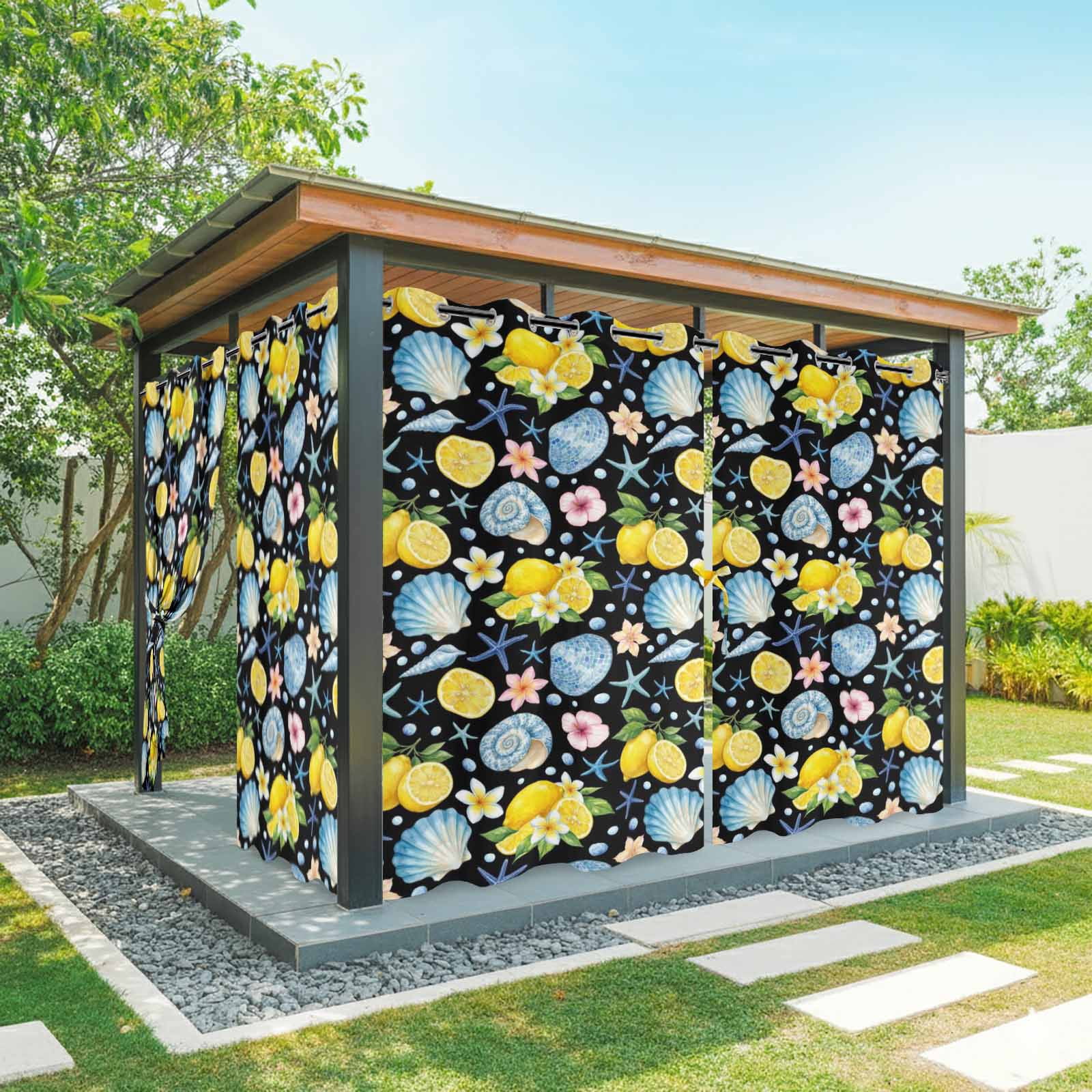 Summer Beach Outdoor Curtains for Patio, Ocean Starfish Shell Coastal Conch Lemon Flowers Black Sunshade Privacy Drapes Grommet Waterproof Outside Curtains for Porch/Cabana/Balcony 54"x 108", 1 Panel