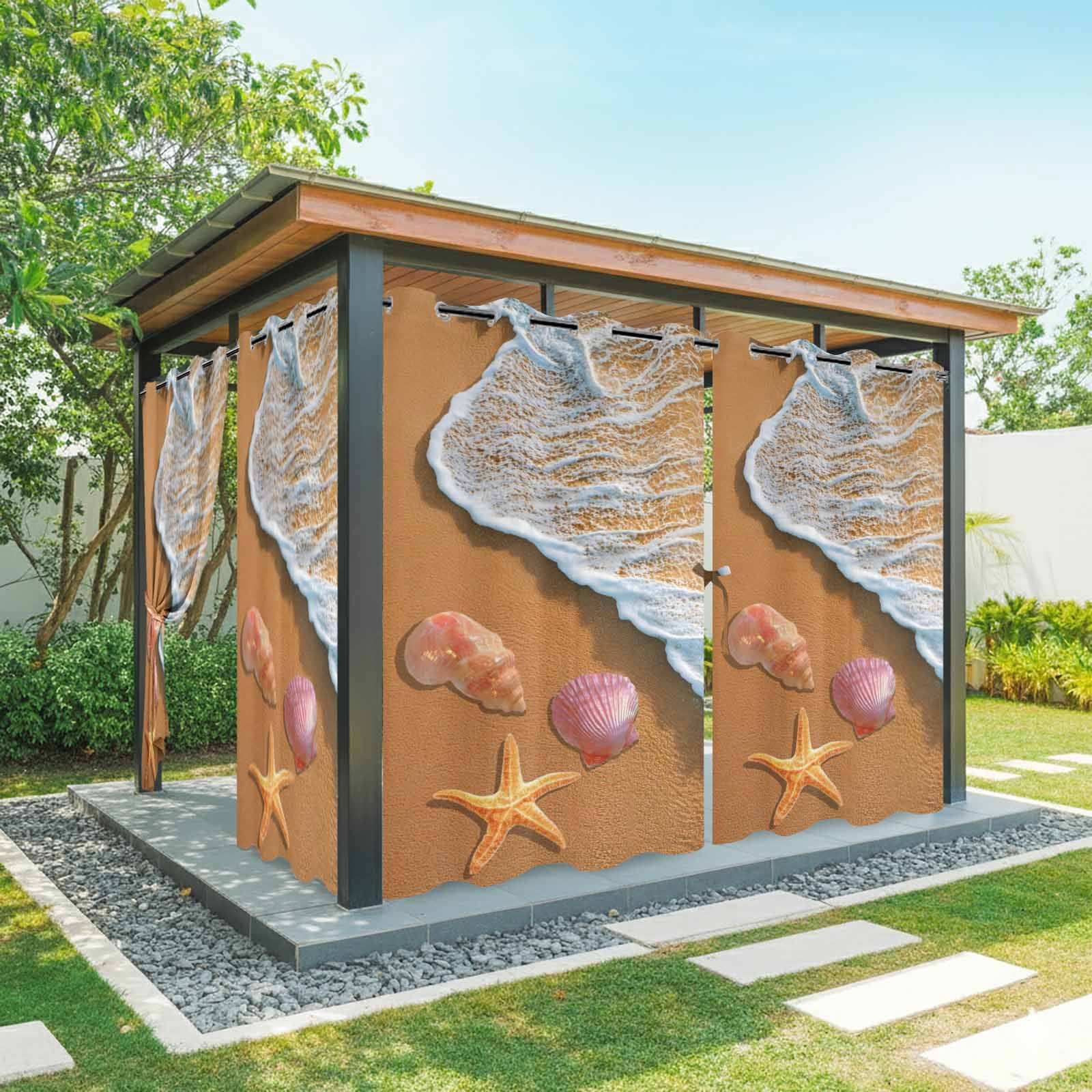 Summer Beach Outdoor Curtains for Patio, Ocean Waves Conch Starfish Shell Coastal Sunshade Privacy Drapes Grommet Waterproof Outside Curtains for Porch/Cabana/Balcony 54"x 108", 1 Panel