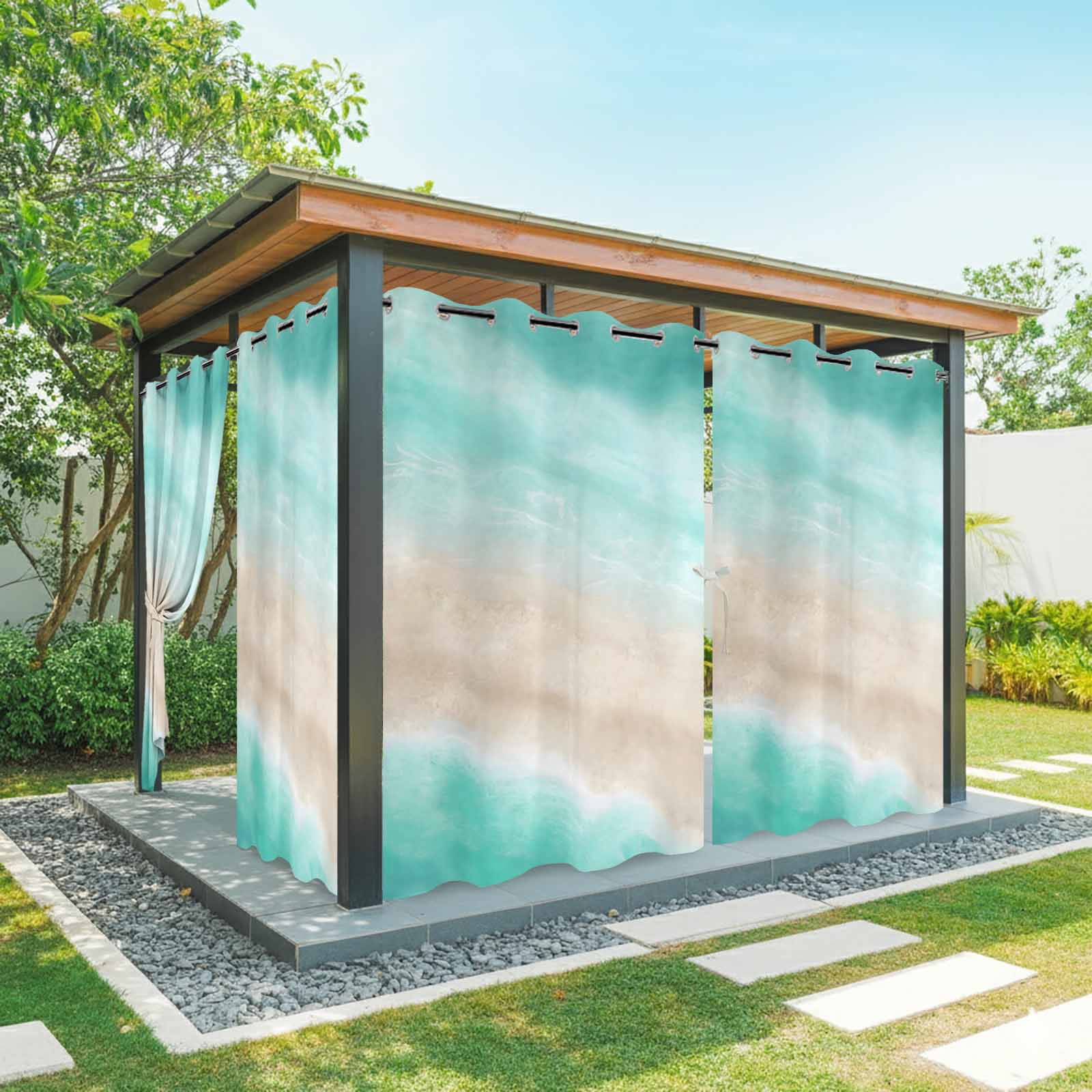 Summer Beach Outdoor Curtains for Patio, Teal Green Gradient Ocean Wave Beige Sand Abstract Sunshade Privacy Drapes Grommet Waterproof Outside Curtains for Porch/Cabana/Balcony 54"x 108", 1 Panel