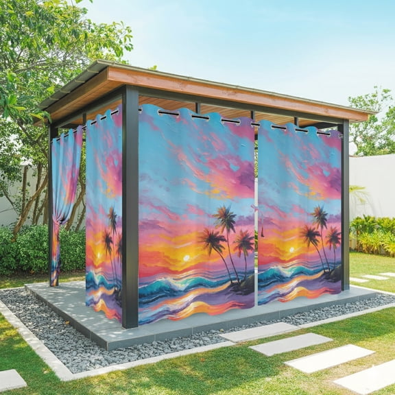 Summer Beach Outdoor Curtains for Patio, Tropical Palm Trees Sunset Waves Nature Waterproof Weatherproof Outside Privacy Curtains Outdoor Drapes for Porch Pergola Gazebo 54x108 Inch, 2 Panel