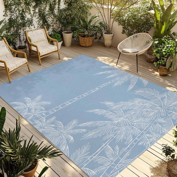 Summer Beach Outdoor Rug 3x5 ft Graffiti White Palm Trees Abstract Plant Blue Coastal Non Slip Patio Rug Washable Absorbent Large Outdoor Carpet Outside Mat for Porch RV Garden Camping