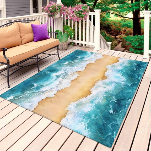 Summer Beach Outdoor Rug 5x8 Ft, Non Slip Washable Area Rug, Coastal Teal Ocean Sea Wave Nautical Patio Rugs Carpet Runner, Large Floor Mat for Indoor/Outdoor Deck Porch Camping