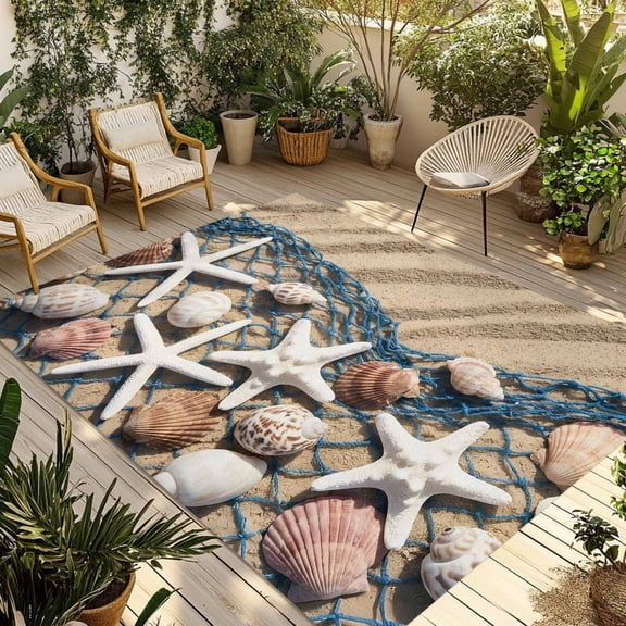 Summer Beach Outdoor Rug 5x8 ft Seaside Starfish Shell Fishing Net Conch Sand Non Slip Patio Rug Washable Absorbent Large Outdoor Carpet Outside Mat for Porch RV Garden Camping