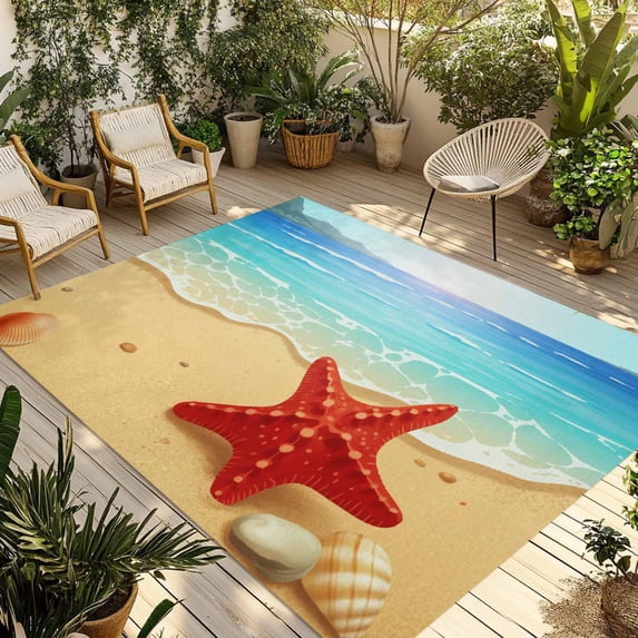 Summer Beach Outdoor Rug for Patio/Deck/Porch, Non-Slip Large Area Rug 5 x 7 Ft, Coastal Red Starfish Conch Palm Seaside Indoor Outdoor Rugs Washable Area Rugs, Reversible Camping Rug Carpet Runner