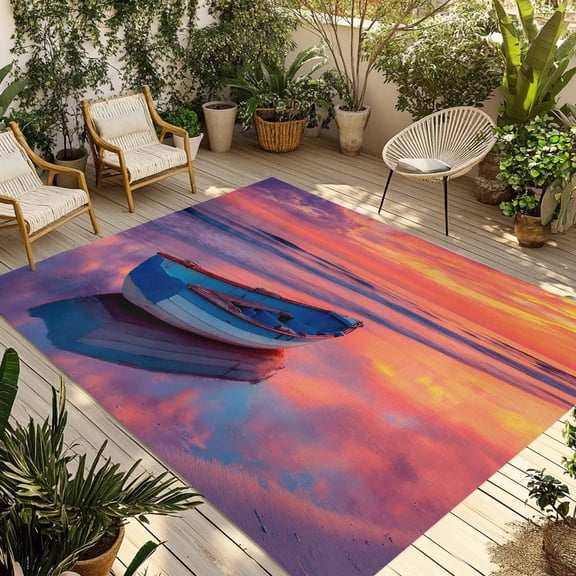 Summer Beach Outdoor Rug for Patio/Deck/Porch, Non-Slip Large Area Rug 5 x 8 Ft, Boat Gradient Orange Sunset Natural Scenery Indoor Outdoor Rugs Washable Area Rugs, Camping Rug Carpet Runner