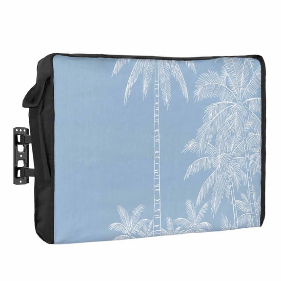 Summer Beach Outdoor TV Cover Graffiti White Palm Trees Abstract Plant Blue Coastal Waterproof Weatherproof TV Screen Protector with Remote Control Pocket for 30 to 32 Inch Television Outside