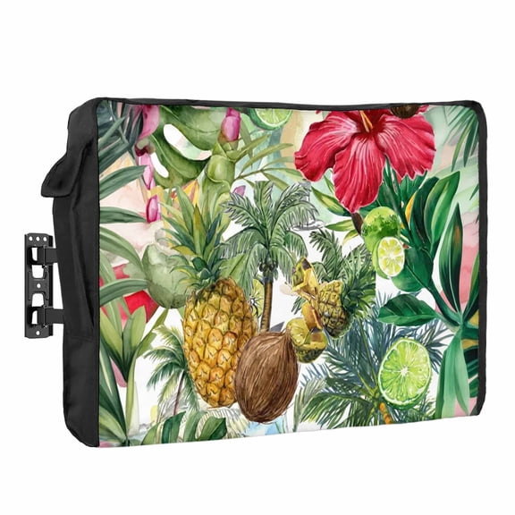 Summer Beach Outdoor TV Cover Realistic Pineapple Green Lemon Coconut Red Hibiscus Waterproof Weatherproof TV Screen Protector with Remote Control Pocket for 30 to 32 Inch Television Outside