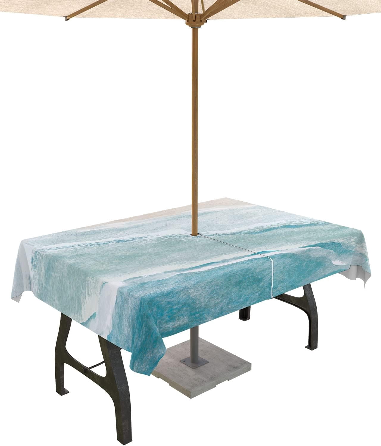 Summer Beach Outdoor Tablecloth - 60x84 Inch Rectangle Dining Table Cover, Coastal Ocean Nautical Seaside Aqua Beige Waterproof Outdoor Table Cloth with Umbrella Hole & Zipper for Picnic/Patio/Party
