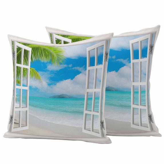 Summer Beach Outdoor Waterproof Pillow Covers, Turquoise Window Seascape Seaside Palm Tree Decorative Square Throw Pillowcase Sofa Cushion Sham for Patio/Couch/Chair, 20"x20" 2 Pack