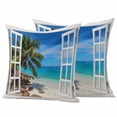 thumbnail image 1 of Summer Beach Outdoor Waterproof Pillow Covers, Window Seascape Palm Trees Oceans Decorative Square Throw Pillowcase Sofa Cushion Sham for Patio/Couch/Chair, 16"x16" 2 Pack, 1 of 8