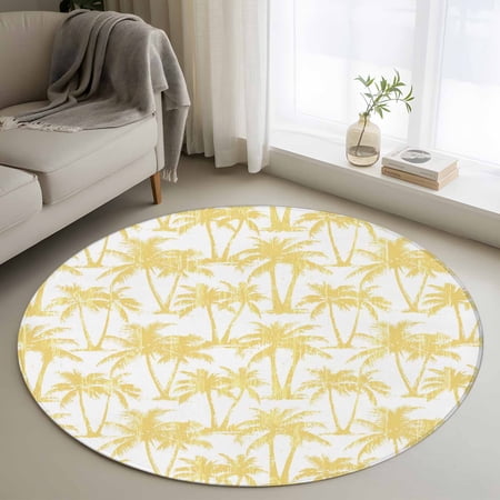 Summer Beach Palm 3FT Round Area Rugs Tropical Country Coastal Seaside Yellow Tree Silhouettes Ultra-Thin Non-Slip Round Rugs Low Pile Circle Carpet for Bedroom Kitchen Nursery