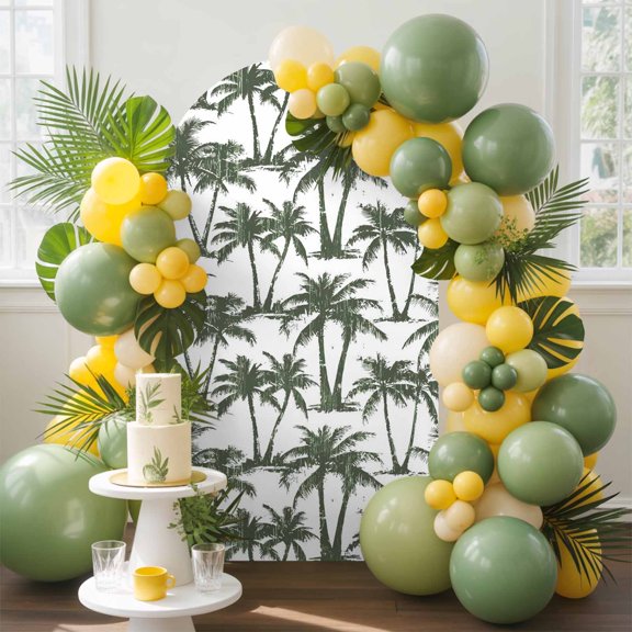 Summer Beach Palm Arch Backdrop Cover, 4FT, Tropical Country Coastal Dark Green Tree Silhouettes Spandex Arch Covers Double-Sided Backdrop for Wedding Birthday Party Photo Background Decoration