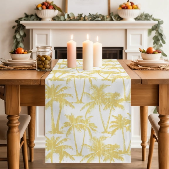 Summer Beach Palm Dining Table Runner, Tropical Country Coastal Seaside Yellow Tree Silhouettes Washable Table Runners Kitchen Coffee Table Center Decor for Home Party Holiday Wedding 13 x 36 Inches