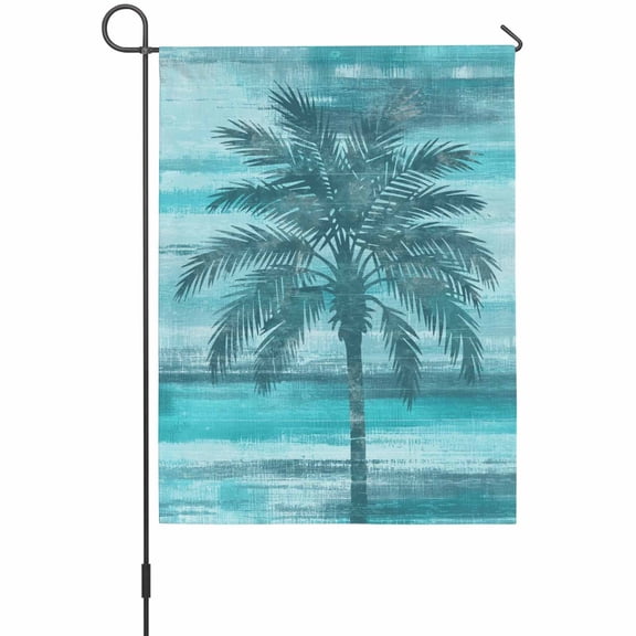Summer Beach Palm House Flags For Outdoor, Tropical Country Coastal Seaside Green Tree Teal Small Double Side Yard Flags Weather Proof House Decor for Lawn Outside Holiday 28 x 40 Inches