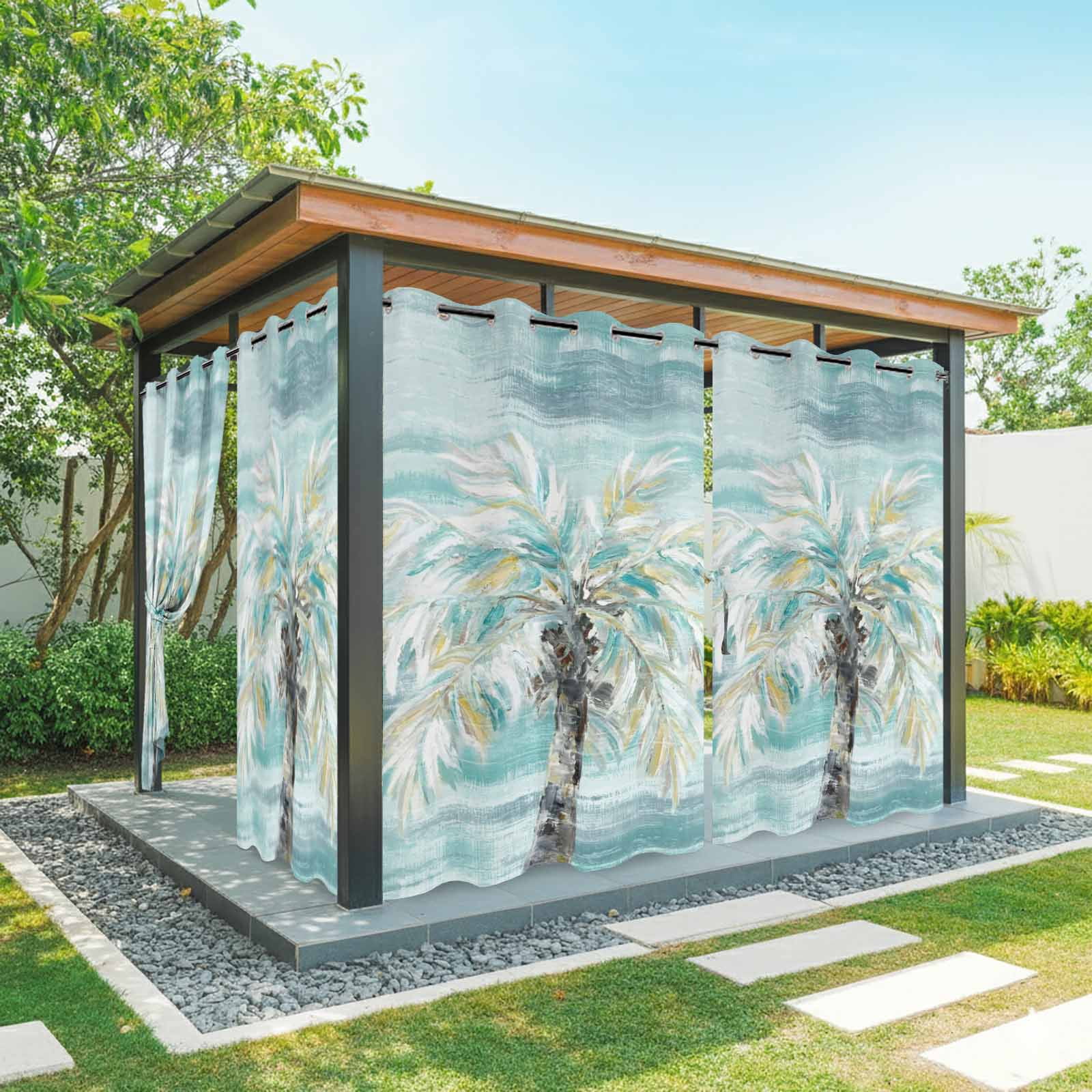 Summer Beach Palm Outdoor Curtains for Patio, Country Abstract Coastal Seaside Teal Yellow Brown Palm Sunshade Privacy Drapes Grommet Waterproof Outside Curtains for Porch Balcony 54"x108", 1 Panel