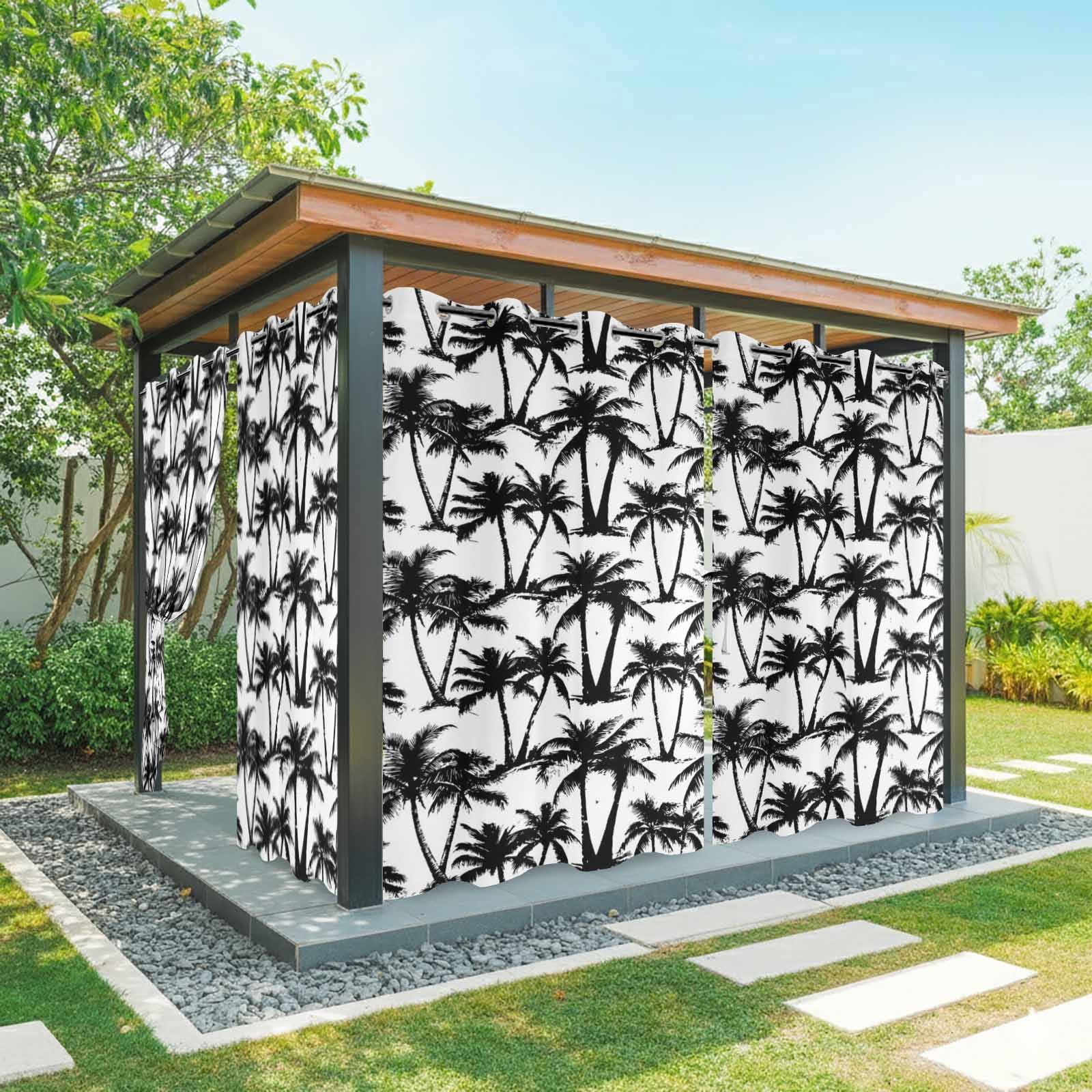 Summer Beach Palm Outdoor Curtains for Patio, Tropical Country Coastal Seaside Black Tree Silhouettes Sunshade Privacy Drapes Grommet Waterproof Outside Curtains for Porch Balcony 54"x108", 1 Panel