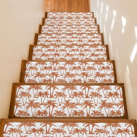 Summer Beach Palm Stair Treads Non Slip for Steps Tropical Country Coastal Seaside Orange Tree Silhouettes 7 Pcs Reusable Adhesive Stair Runner Mats for Dogs Elders Treads Rugs for Staircase 8x30 In