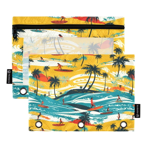Summer Beach Palm Tree 2 Pack Pencil Pouch for 3 Ring Binder Smooth Zipper Folders with Pockets Clear Window Pencil Case