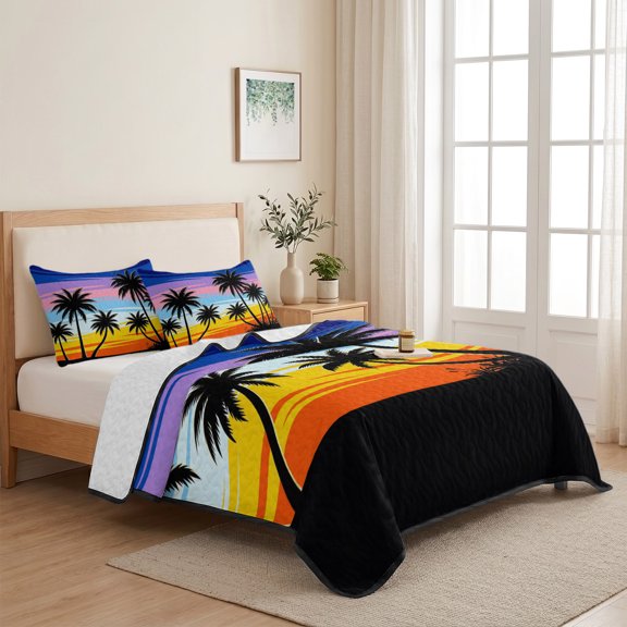 Summer Beach Palm Tree 3 Pieces Quilt Set,1 Quilt with 2 Shams,Seaside Plant Rainbow Sunset Bedspread Soft Lightweight Bedding Coverlet Comforter Set for All Season 68"x98"