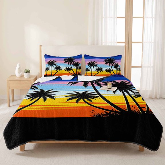Summer Beach Palm Tree 3 Pieces Quilt Set,1 Quilt with 2 Shams,Seaside Plant Rainbow Sunset Bedspread Soft Lightweight Bedding Coverlet Comforter Set for All Season 96"x106"