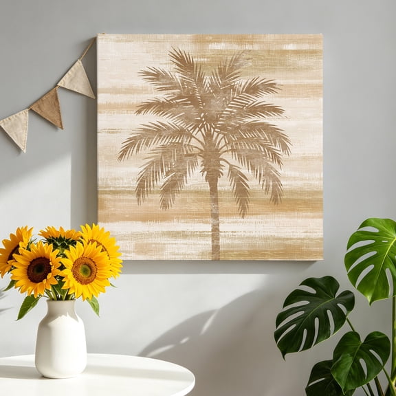 Summer Beach Palm Tree Canvas Wall Art, Coastal Nautical Tropical Ocean Brown Trees Leaf Framed Canvas Wall Decor Picture Print Artwork Decorations for Living Room Office Ready to Hang 8" x 8"