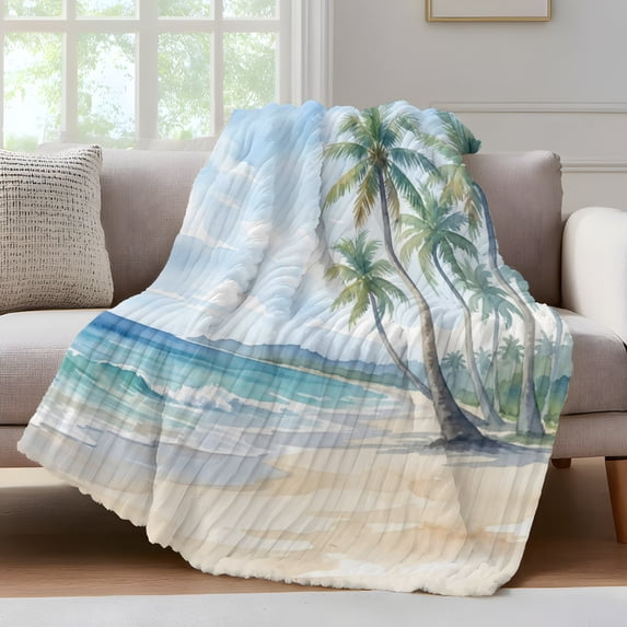 Summer Beach Palm Tree Fleece Throw Blanket for Couch, Blue Coastal Tropical Ocean Microfiber Flannel Blanket for All Season, Lightweight Soft Throw Blankets for Bedroom, Living Room, 60"x80"
