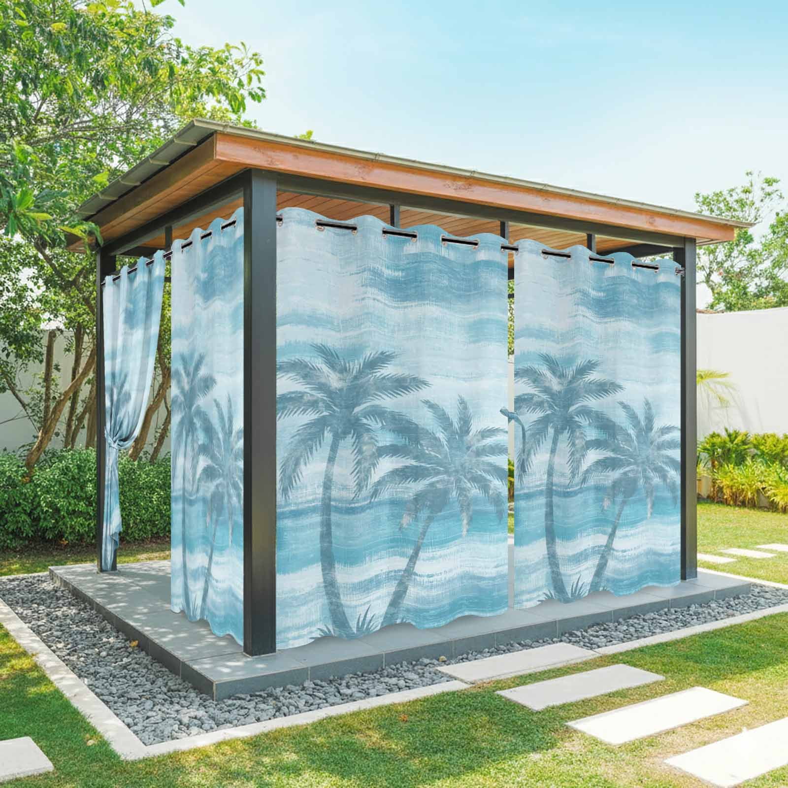 Summer Beach Palm Tree Outdoor Curtains for Patio, Coastal Nautical Tropical Ocean Blue Trees Leaf Sunshade Privacy Drapes Grommet Waterproof Outside Curtains for Porch Balcony 54"x108", 1 Panel