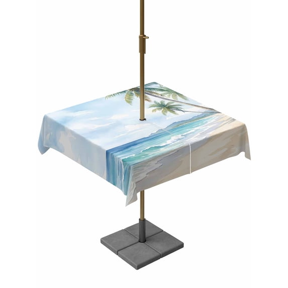 Summer Beach Palm Tree Outdoor Tablecloth with Umbrella Hole, Blue Coastal Tropical Ocean Spillproof Waterproof Outdoor Table Cover, Patio Tablecloths for Party/Garden/Picnic, Square 54"x54"