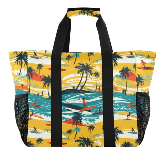 Summer Beach Palm Tree Reusable Grocery Bags with Handle Side Pocket Waterproof Shopping Portable Tote