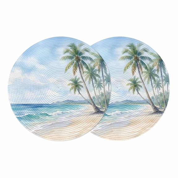 Summer Beach Palm Tree Round 13 Inch Placemats Set of 2, Blue Coastal Tropical Ocean HeatResistant Non Slip Place Mats for Dining Table, Wipeable Braided Kitchen Table Mats for Housewarming