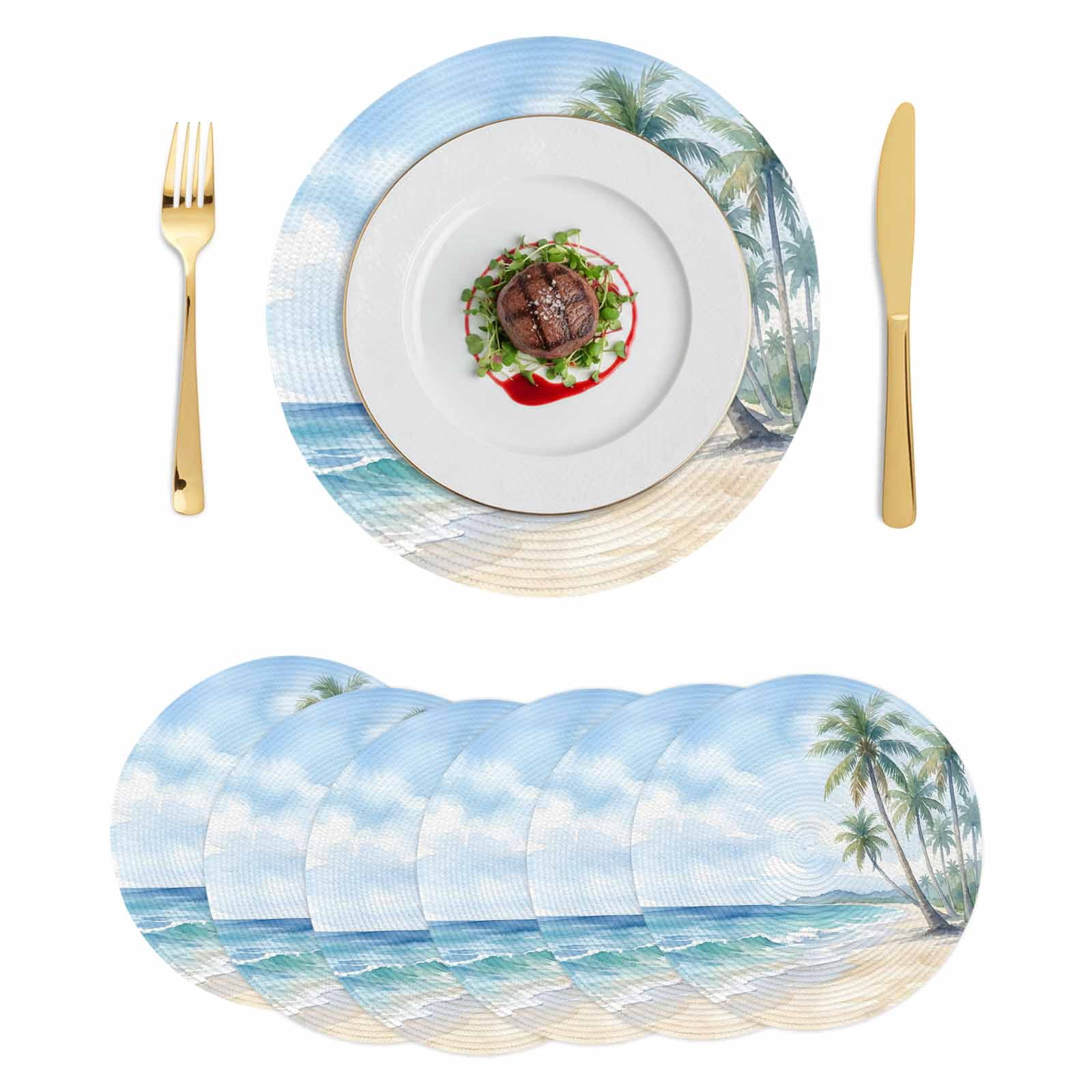 Summer Beach Palm Tree Round 15 Inch Placemats Set of 6, Blue Coastal Tropical Ocean HeatResistant Non Slip Place Mats for Dining Table, Wipeable Braided Kitchen Table Mats for Housewarming