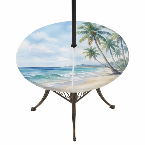 Summer Beach Palm Tree Round Outdoor Tablecloth with Umbrella Hole Zipper, Blue Coastal Tropical Ocean Elastic Fitted Table Cover, Waterproof Table Cloth for Patio Picnic Party Fits 36"-44"