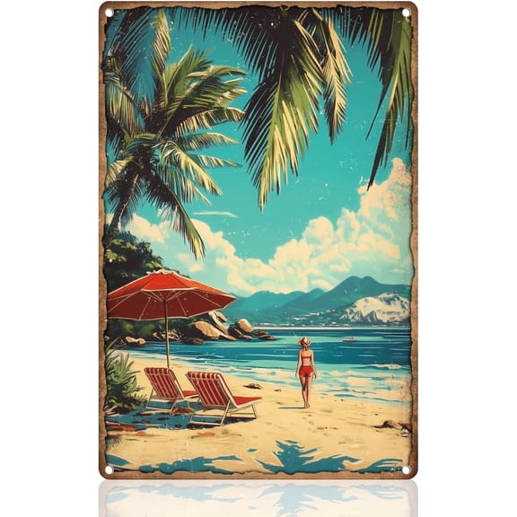 Summer Beach Palm Tree Seacoast Sign Wall Decor Metal Tin Sign Vintage Poster for Home Office Cafe Bar Man Cave Wall Decor Gift 8" x 12"