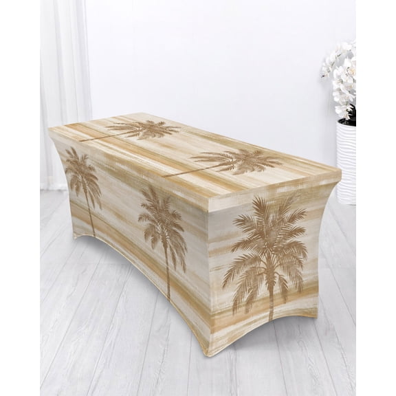 Summer Beach Palm Tree Spandex Tablecloth 4ft Coastal Nautical Tropical Ocean Brown Trees Leaf Elastic Fitted Cloth for Rectangle Table Wrinkle Proof Stretch Table Cover for Wedding Party Banquet