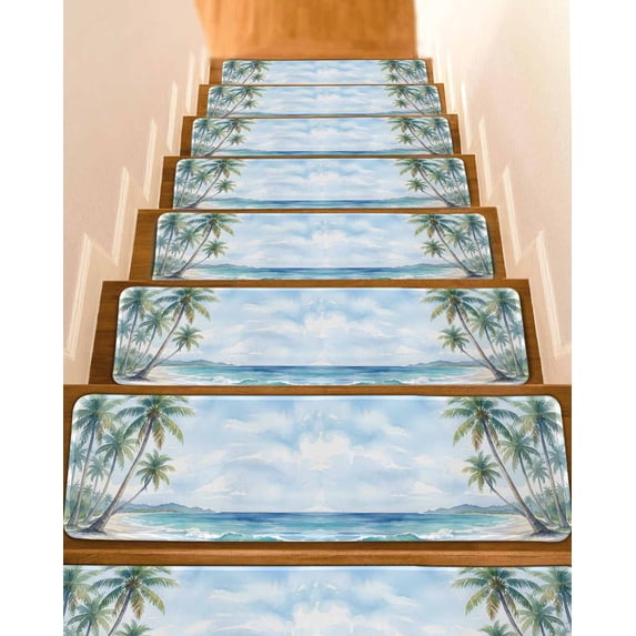 Summer Beach Palm Tree Stair Treads Non Slip Indoor for Wooden Steps, Blue Coastal Tropical Ocean 4 Pcs Stair Mats for Elders Dogs, 8 x 30 Inch Carpet Treads Runner Rugs for Staircase