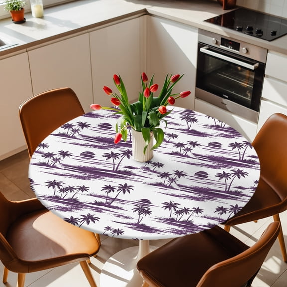 Summer Beach Palm Tree Sunset Round Fitted Tablecloth with Elastic Edge,Waterproof Table Cloth Fits 36"-44" Tables,Wipeable Table Cover for Indoor Outdoor Dinning Party,Watercolor Purple Ocean Theme