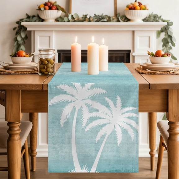 Summer Beach Palm Tree Table Runner 90 Inches Long,Kitchen Dining Tablerunners Tropical Leaves Ombre Blue Linen Table Runners Dresser Scarves for Home Dinner Wedding Holiday Party Decor