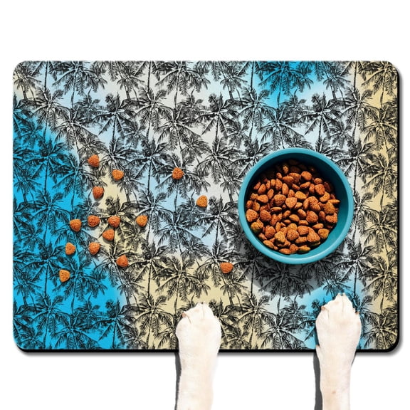 Summer Beach Palm Trees Anti-Mess Pet Feeding Mat - Absorbent Multi-Layer Structure - Boho Aesthetic - Large Size Placemat for Bowls