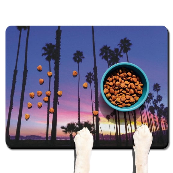 Summer Beach Palm Trees Pet Water Bowl Mat - Minimalist Design - 4-Layer Absorption - Non-Slip Rubber Base - Tropical Paradise Themed Dog Feeding Mat