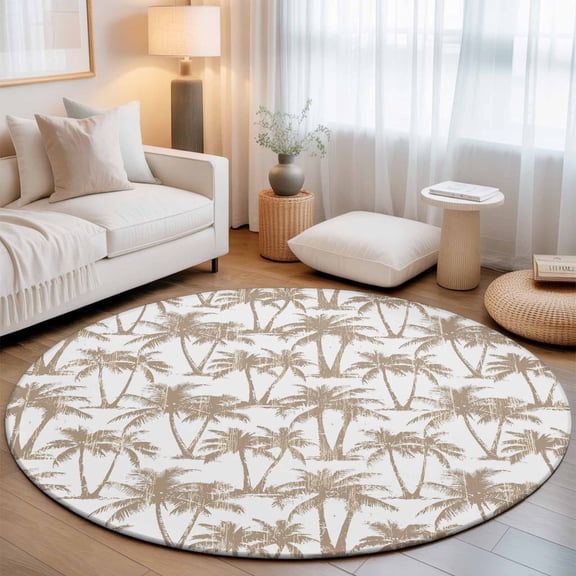 Summer Beach Palm Washable Round Area Rug 3 ft, Tropical Country Coastal Seaside Beige Tree Silhouettes Soft Non Slip Rugs Stain Repellent Indoor Felt Carpet for Living Dining Room Bedroom Home