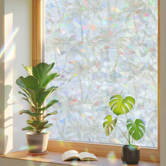 Summer Beach Palm Window Privacy Film, Tropical Country Coastal Seaside Cream Tree Silhouettes Stained Glass Rainbow Film Decorative Window Clings, Static Cling Sun Blocking Stickers 17.7" x 39.3"