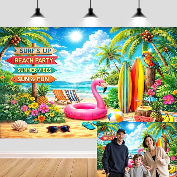 Summer Beach Party Backdrop , Tropical Surf's Up Party Decoration Backdrop, Flamingo & Palm Leaves Photo Booth Prop for Birthday Pool Party Photoshoot, Sun & Fun Ocean Scene Background 7x5ft