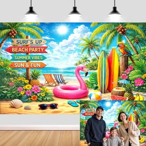 Summer Beach Party Backdrop , Tropical Surf's Up Party Decoration Backdrop, Flamingo & Palm Leaves Photo Booth Prop for Birthday Pool Party Photoshoot, Sun & Fun Ocean Scene Background 7x5ft