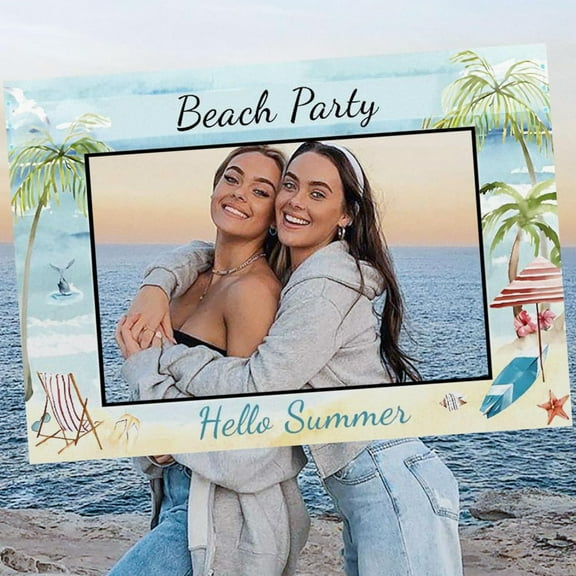 Summer Beach Party Photo Frame Props - 1 Outfit Blue & White Palm Tree Theme Party Props Stand-up Backdrop Hello Summer Holiday Remembrance