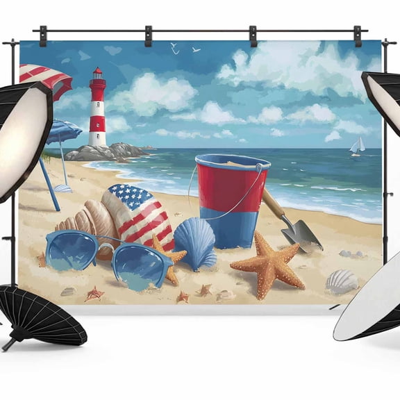 Summer Beach Photography Backdrop 7x5FT, Ocean Blue Sky Shell Umbrella Sea Star Photo Backdrops, Background for Photography Studio Photo Studio Background, Back Drop for Photoshoot