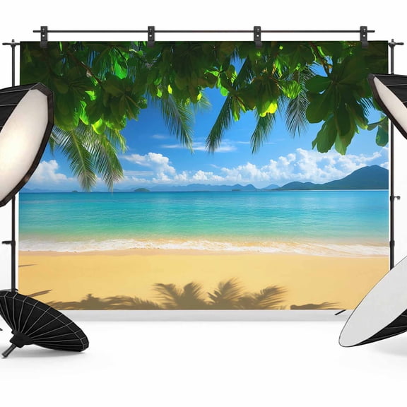 Summer Beach Photography Backdrop 7x5FT, Scenery Sand Palm Leaves Blue Water Sky Photo Backdrops, Background for Photography Studio Photo Studio Background, Back Drop for Photoshoot