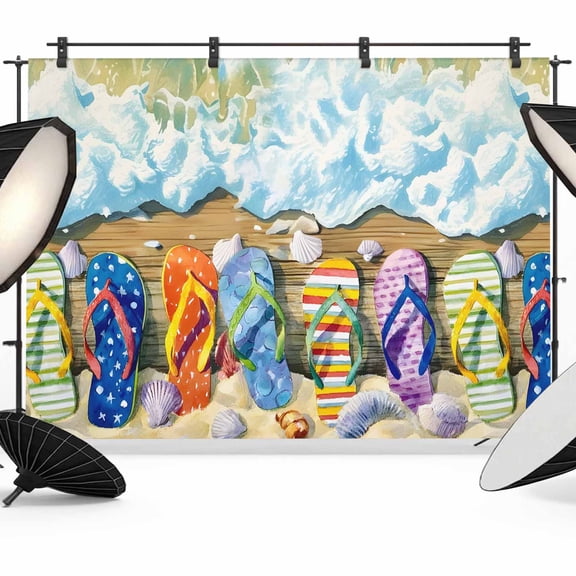 Summer Beach Photography Backdrop 7x5FT, Seaside Slippers Shells Teal Ocean Wave Coastal Photo Backdrops, Background for Photography Studio Photo Studio Background, Back Drop for Photoshoot